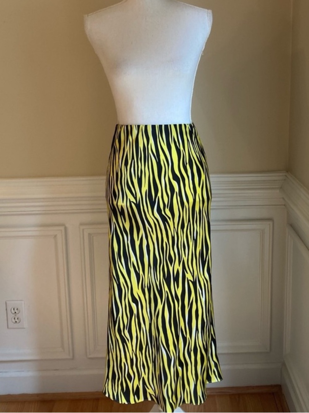 OLIVIA VON HALLE Yellow Black Zebra Stripe Animal Print Silk Midi Skirt